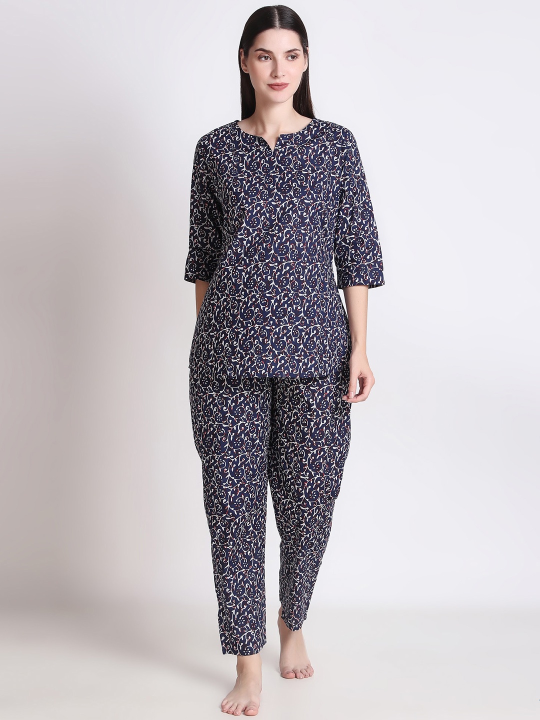

Ichaa Ethnic Motifs Printed Pure Cotton Night suit, Blue