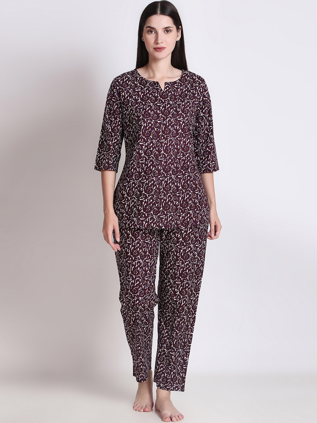 

Ichaa Floral Printed Pure Cotton Night suit, Maroon