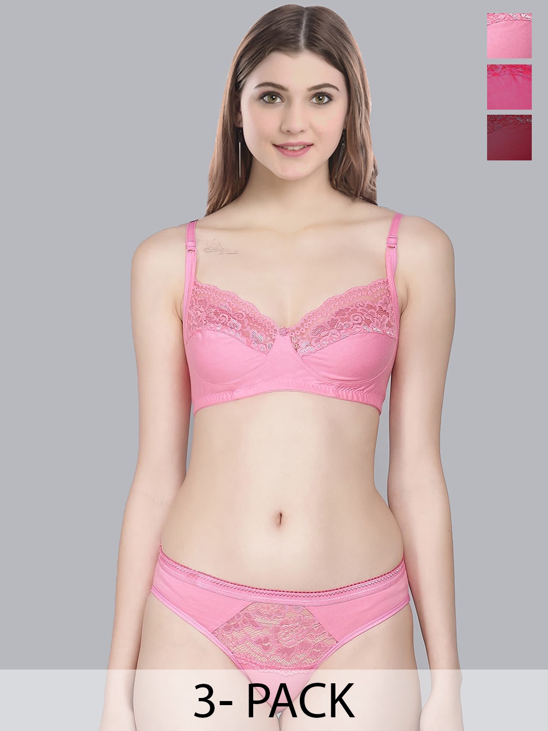 Aamarsh Pack Of 3 Self Design Cotton Lingerie Sets, Pink