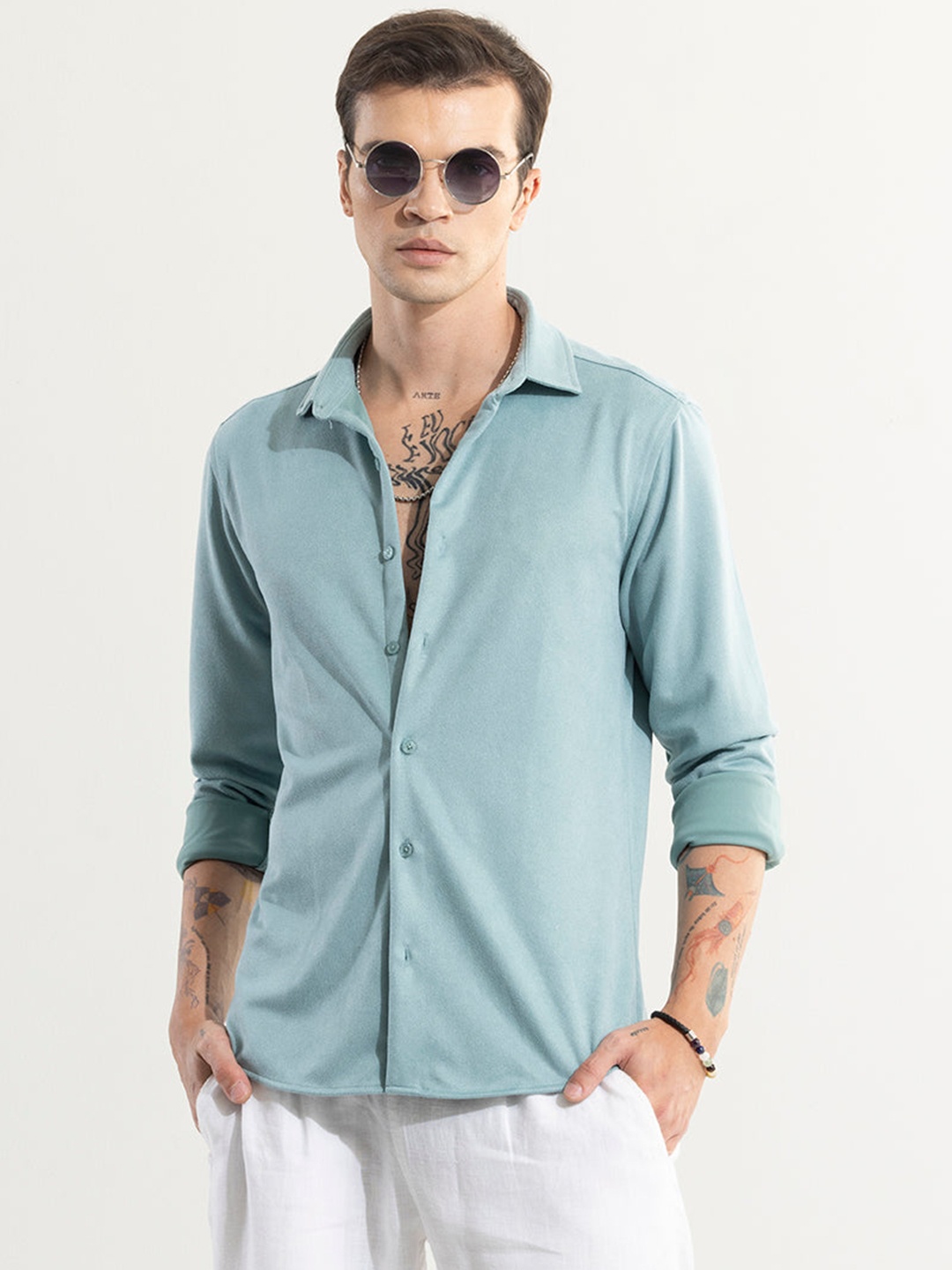 

Snitch Blue Classic Slim Fit Spread Collar Cotton Casual Shirt