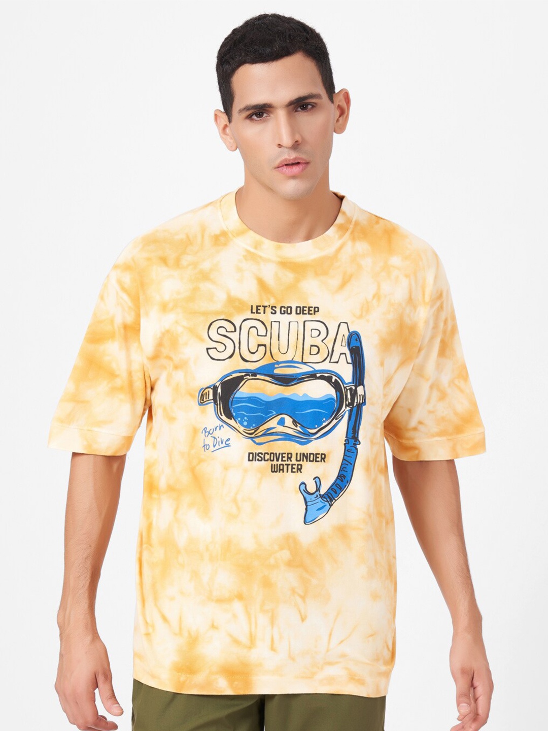 

ZU Printed Pure Cotton Round Neck Oversized T-shirt, Yellow