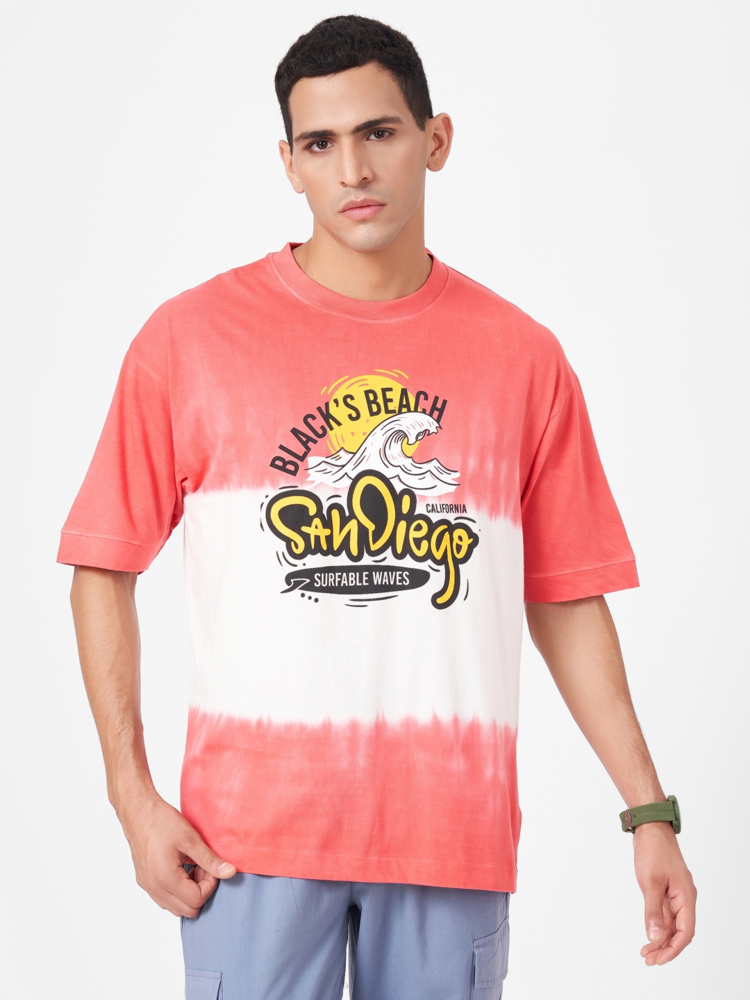 

ZU Tie and Dye Drop Shoulder Sleeves Pure Cotton Oversized T-shirt, Red