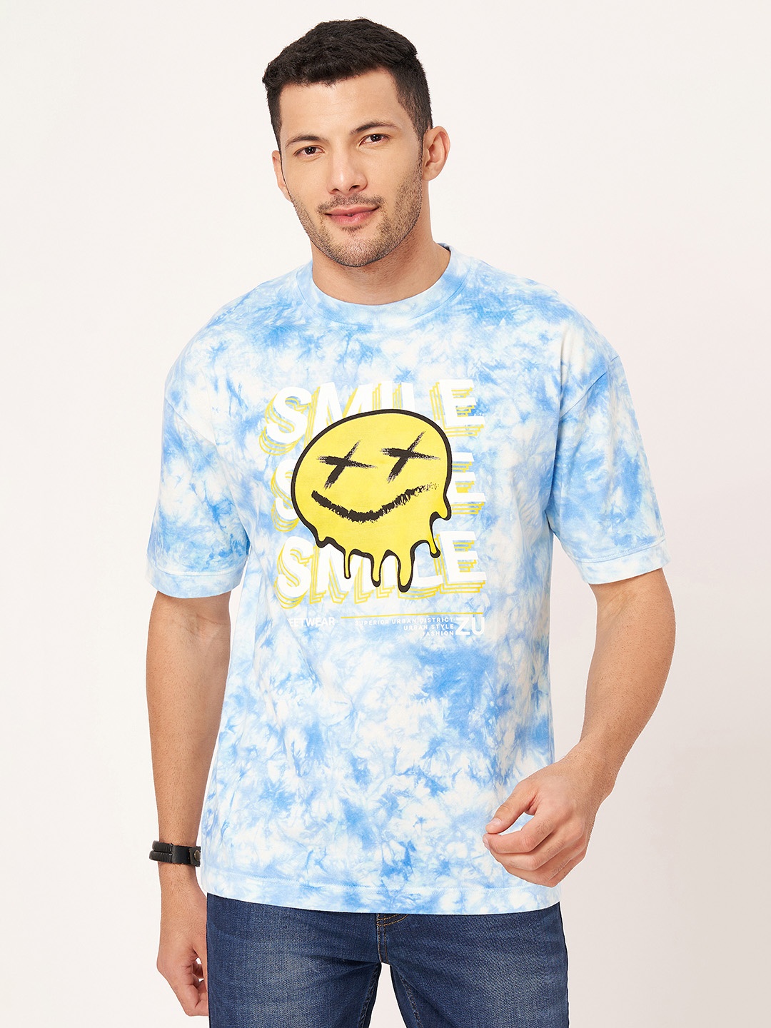 

ZU Tie and Dye Drop Shoulder Sleeves Pure Cotton Oversized T-shirt, Blue