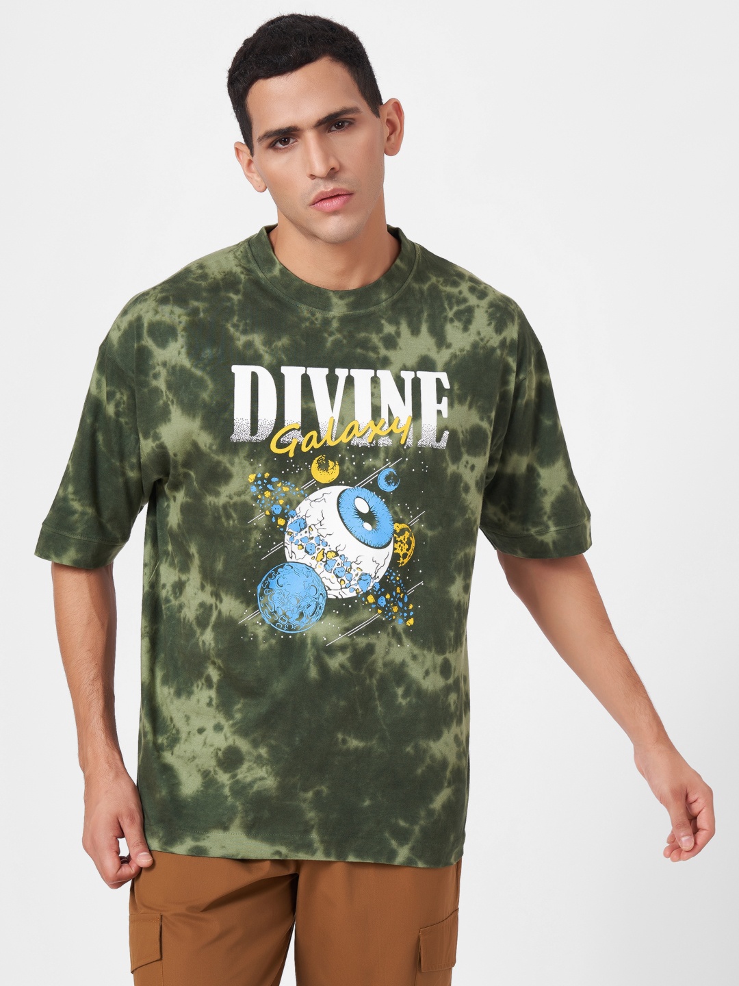 

ZU Tie and Dye Drop Shoulder Sleeves Pure Cotton Oversized T-shirt, Green