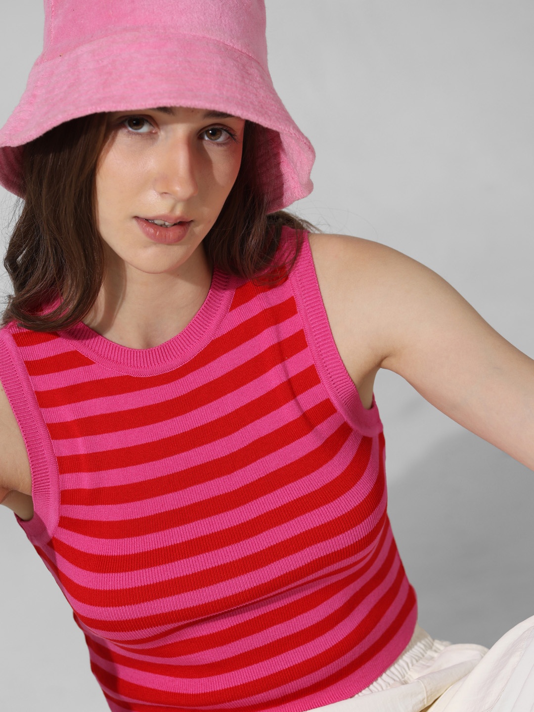 

ONLY Striped Sleeveless Knitted Top, Pink