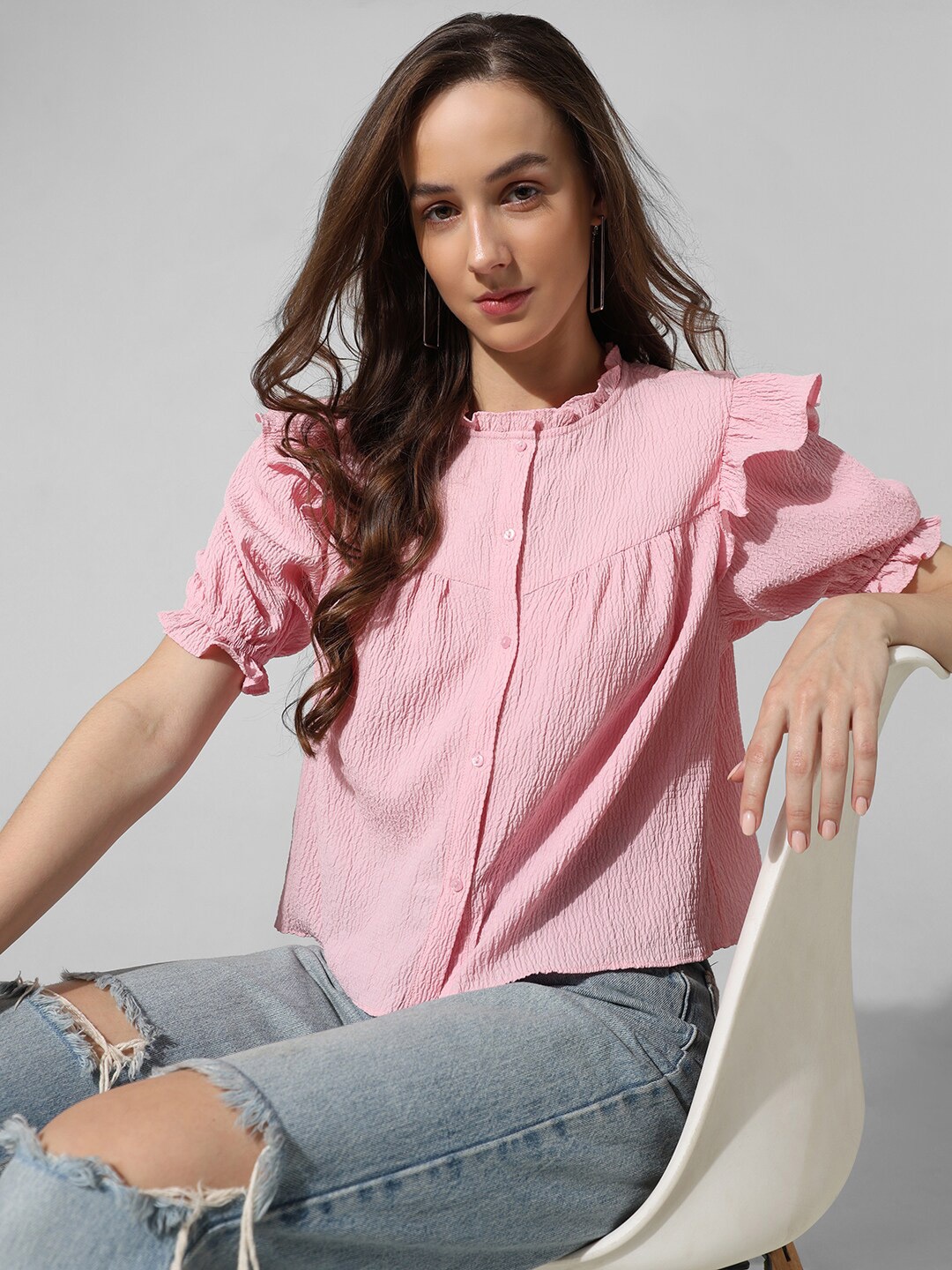 

ONLY Mandarin Collar Puff Sleeve Shirt Style Top, Pink