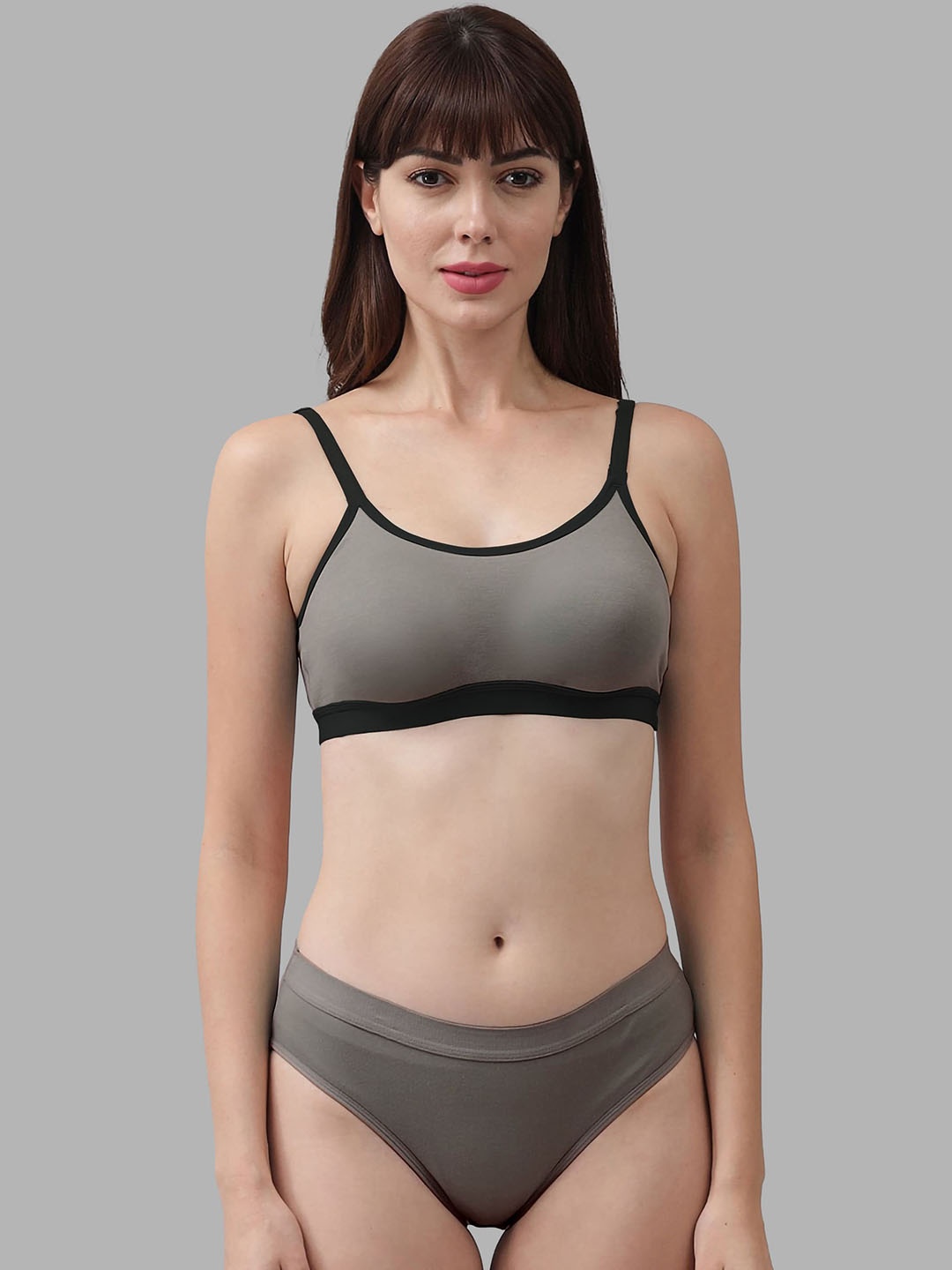 

AROUSY Non-Padded Breathable Mid-Rise Cotton Briefs Lingerie Set, Grey