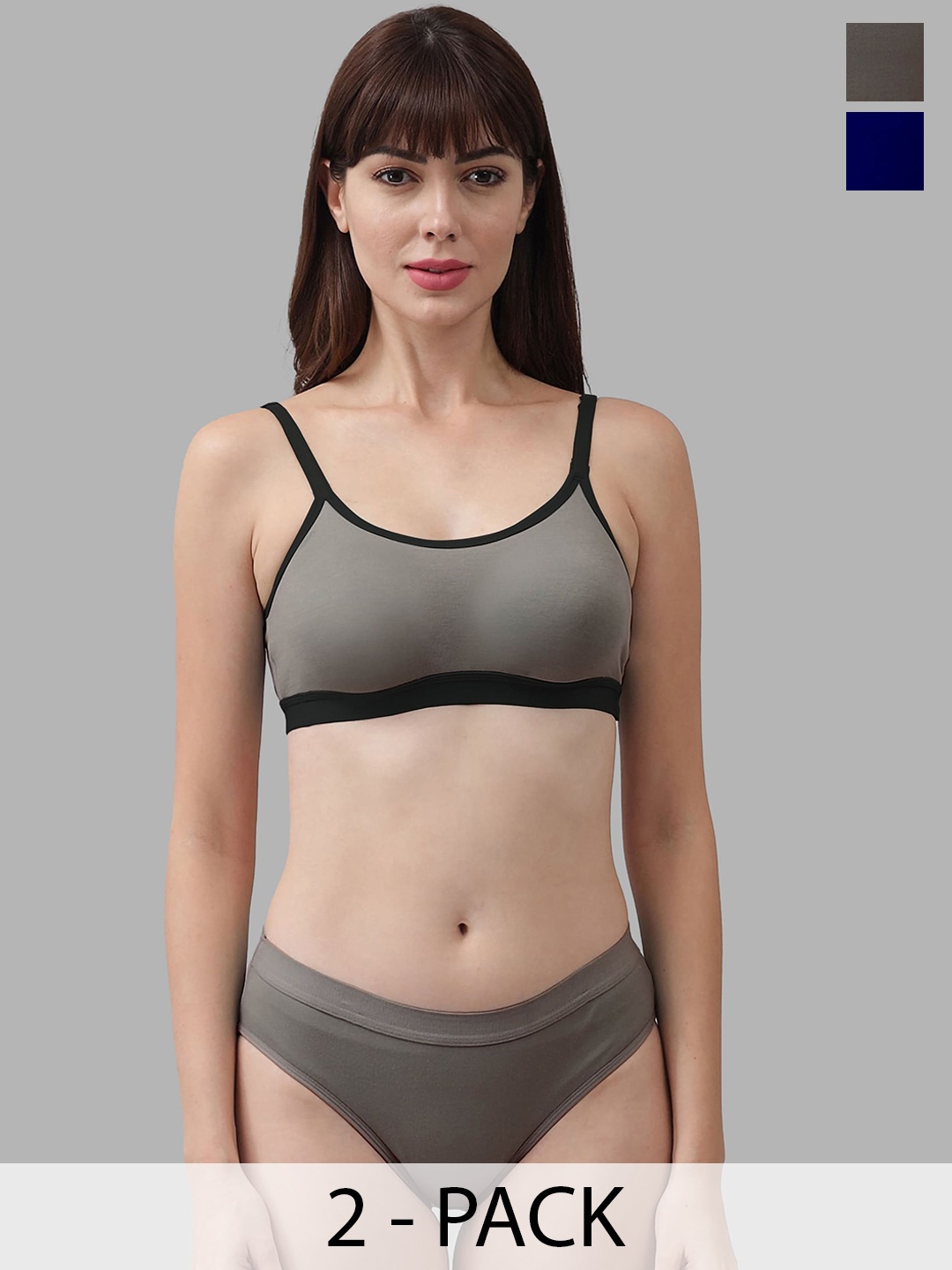 AROUSY Pack Of 2 Non Padded Breathable Cotton Lingerie Set, Grey
