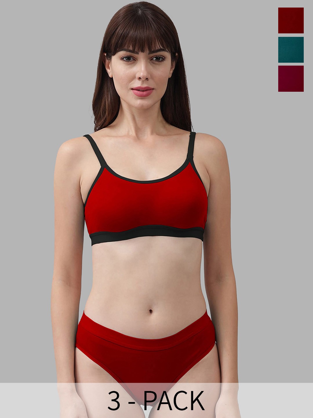 

AROUSY Pack Of 3 Non-Padded Cotton Lingerie Set, Red