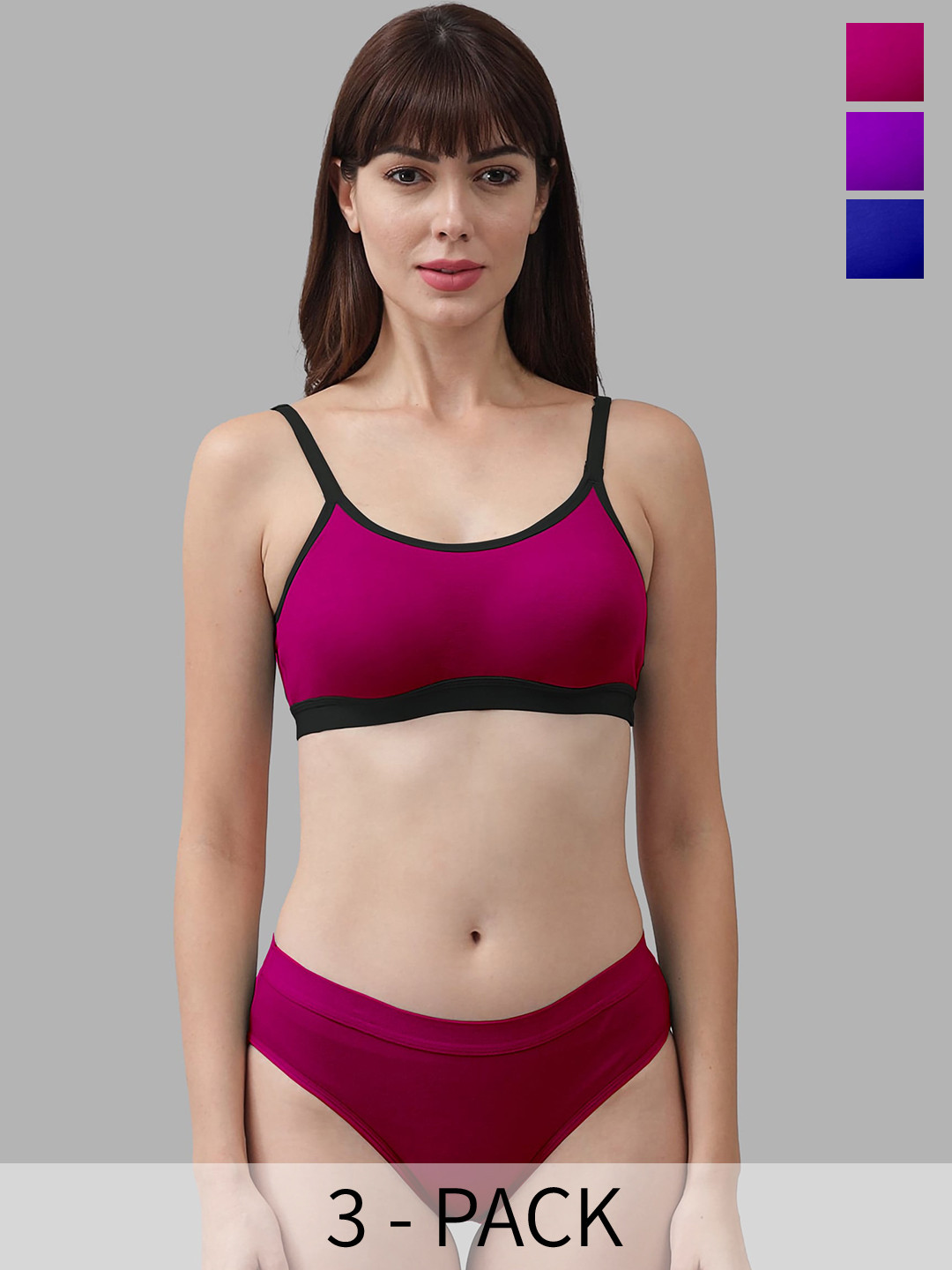 

AROUSY Pack Of 3 Non-Padded Cotton Lingerie Set, Purple