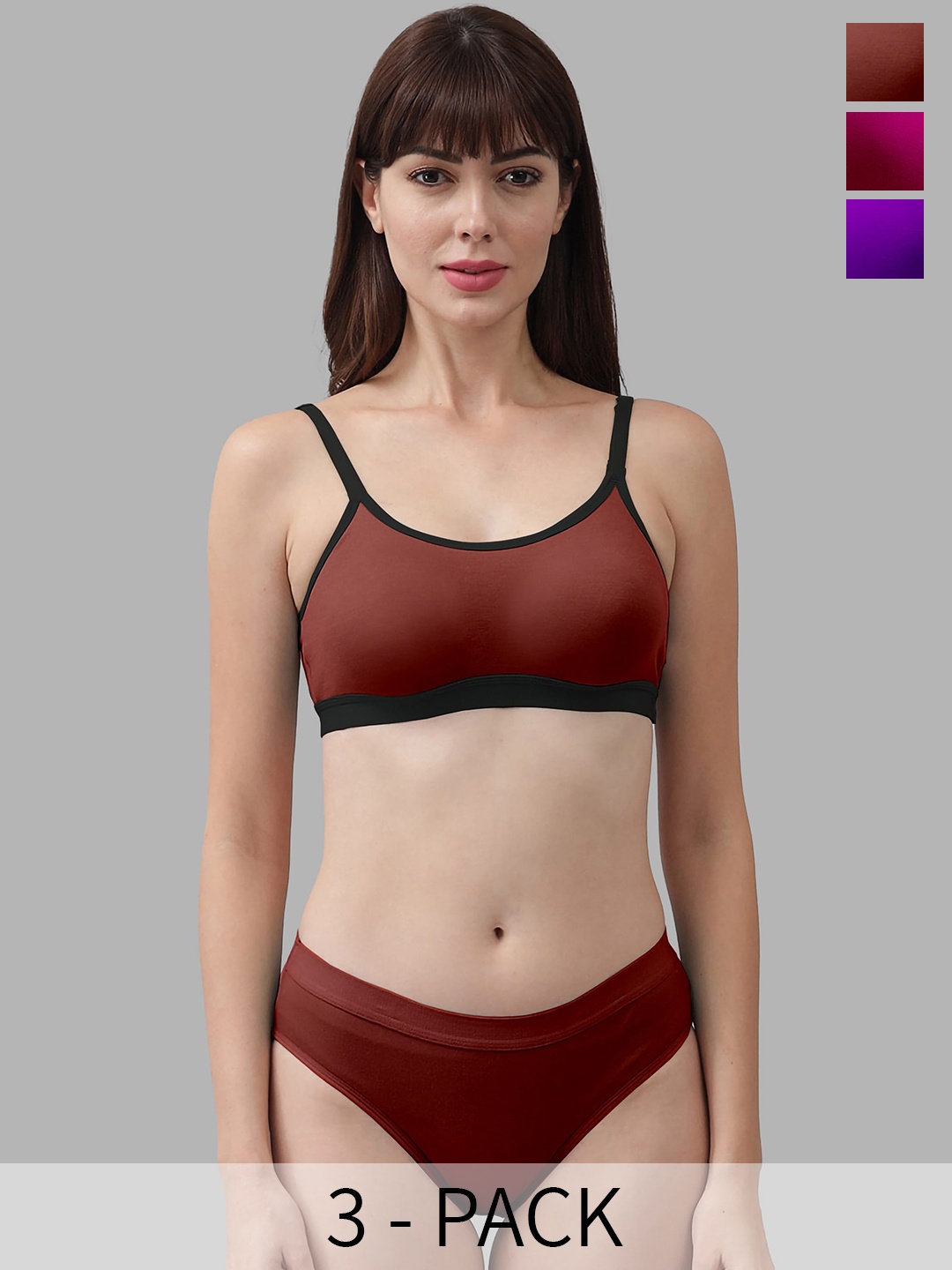 

AROUSY Pack Of 3 Non-Padded Cotton Lingerie Set, Purple