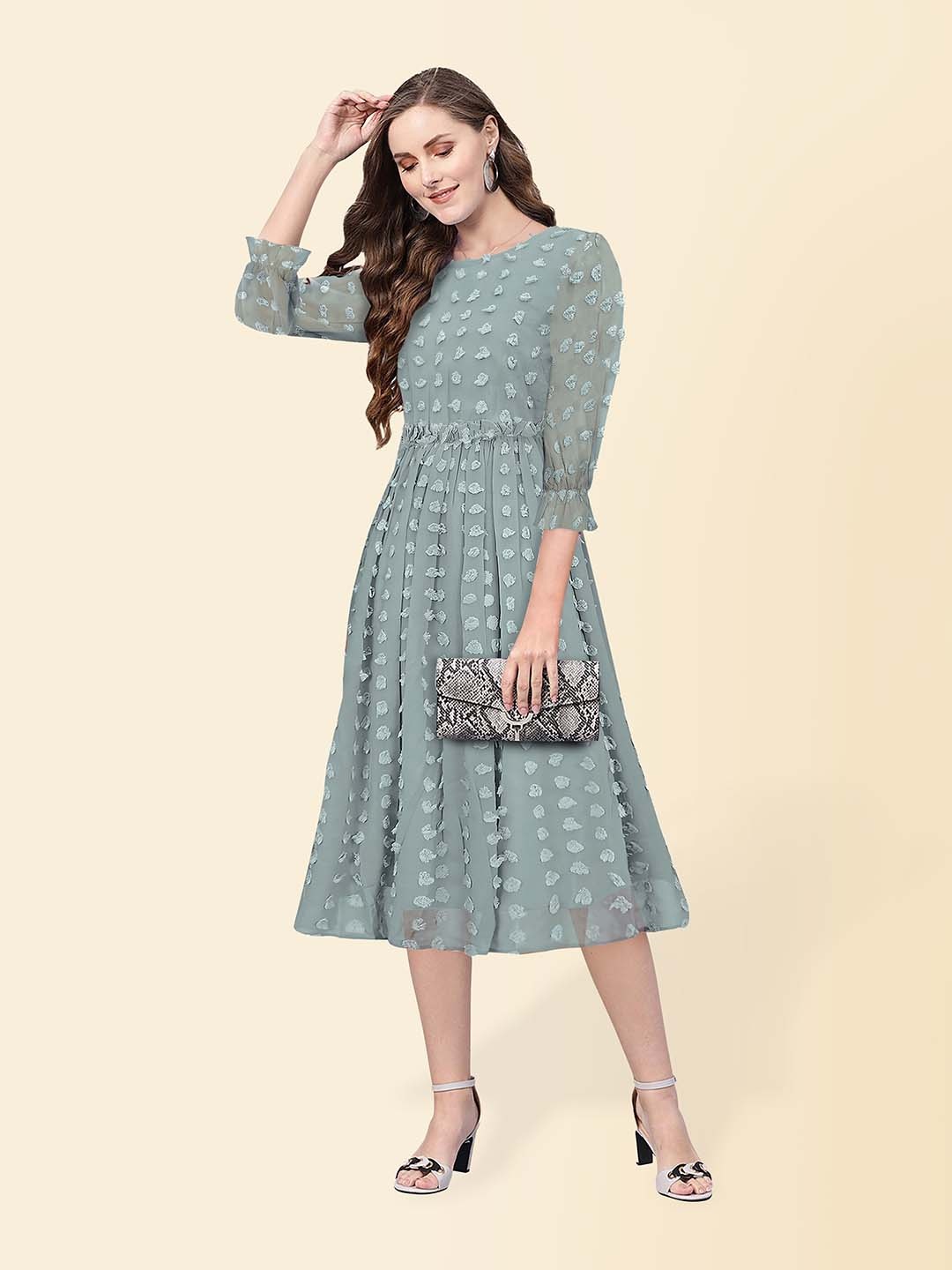 

KERI PERRY Puff Sleeves Gathered Detail Georgette Fit & Flare Midi Dress, Sea green