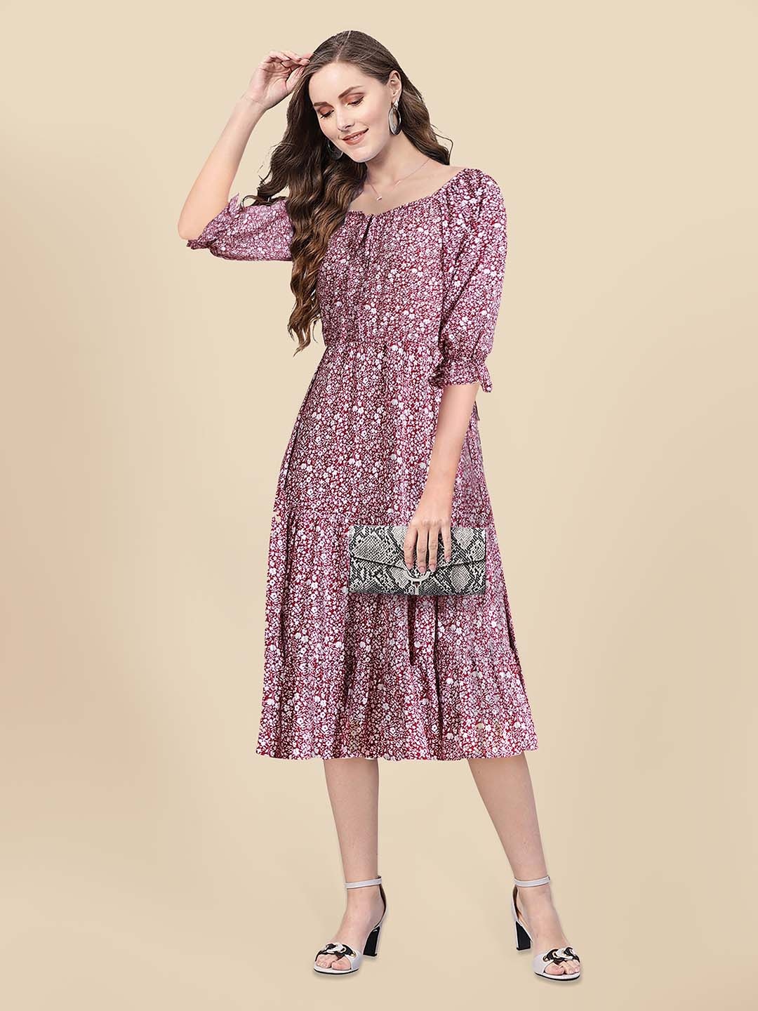 

KERI PERRY Floral Printed Round Neck Sleeve Fit & Flare Midi Dress, Maroon