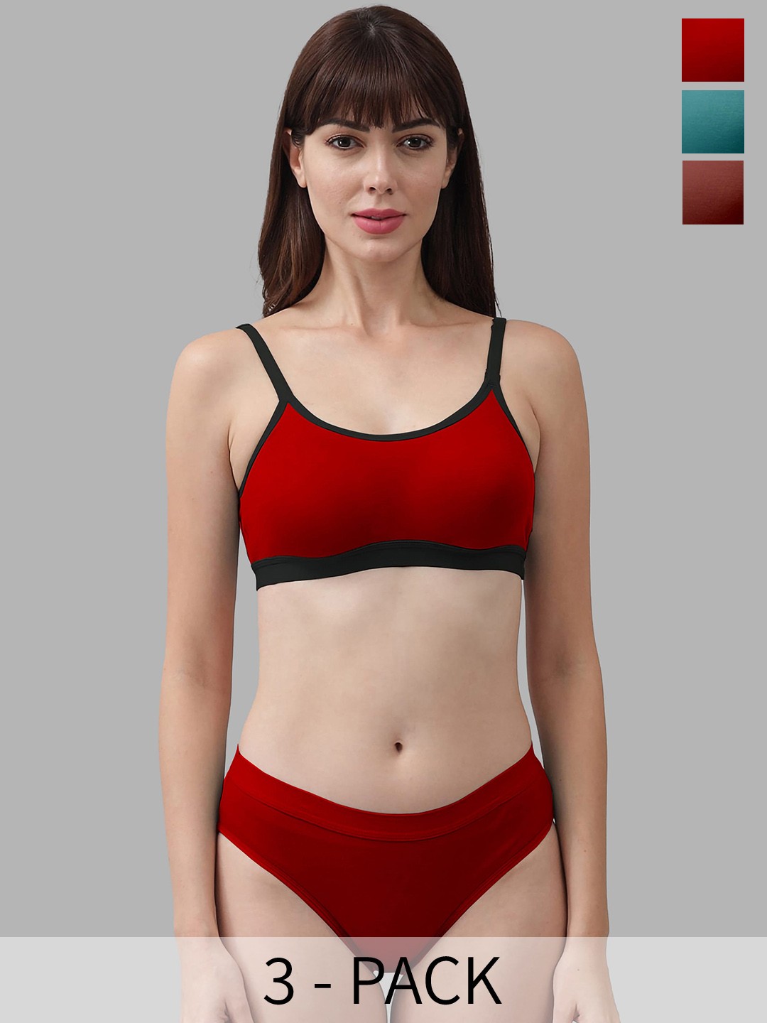 

PIBU Pack Of 3 Mid-Rise Non-Padded Cotton Lingerie Set, Red