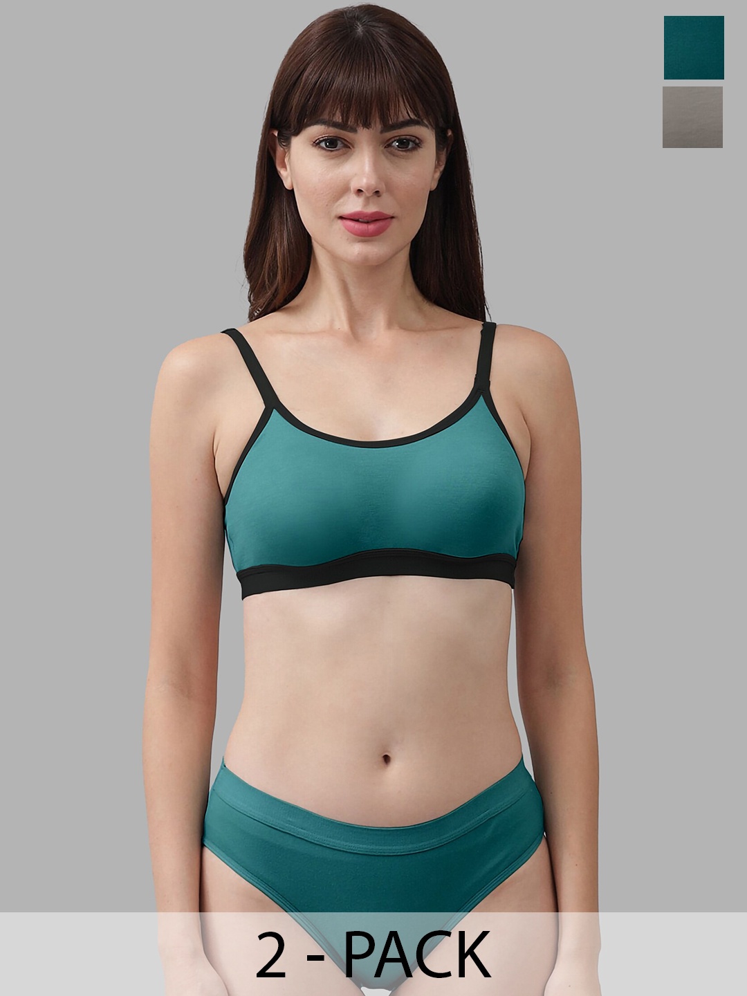 PIBU Pack Of 2 Non Padded Breathable Cotton Lingerie Set, Green