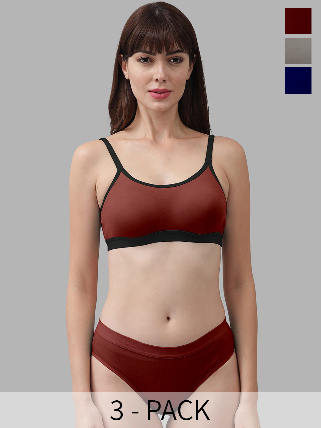 

PIBU Pack Of 3 Non Padded Breathable Cotton Lingerie Set, Maroon