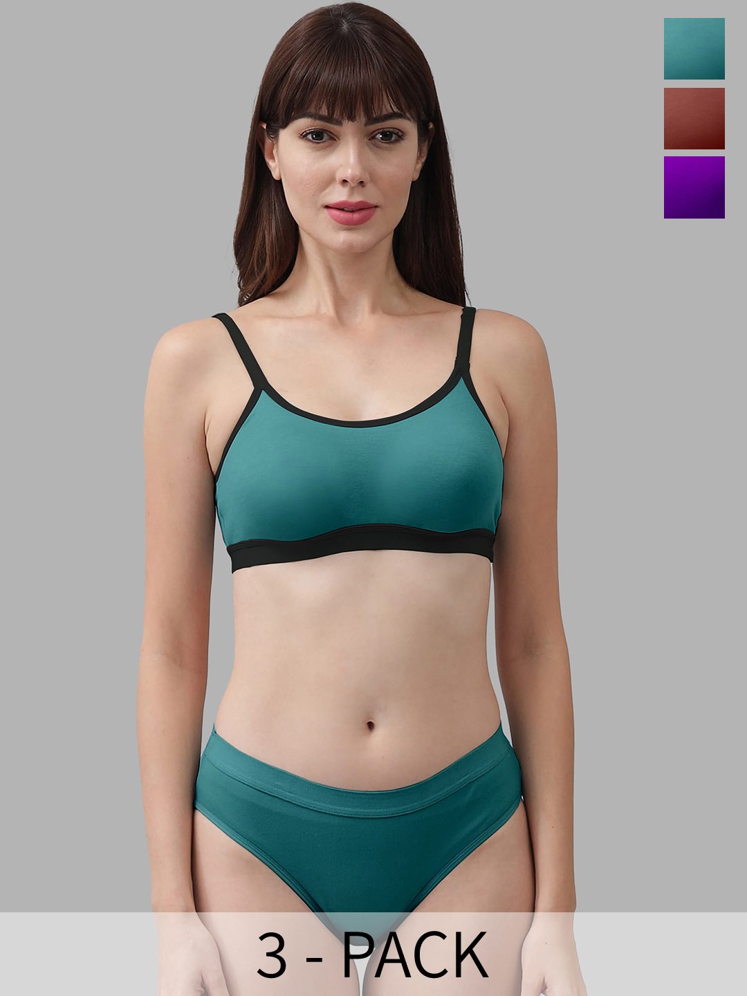 

PIBU Pack Of 3 Non Padded Breathable Cotton Lingerie Set, Green