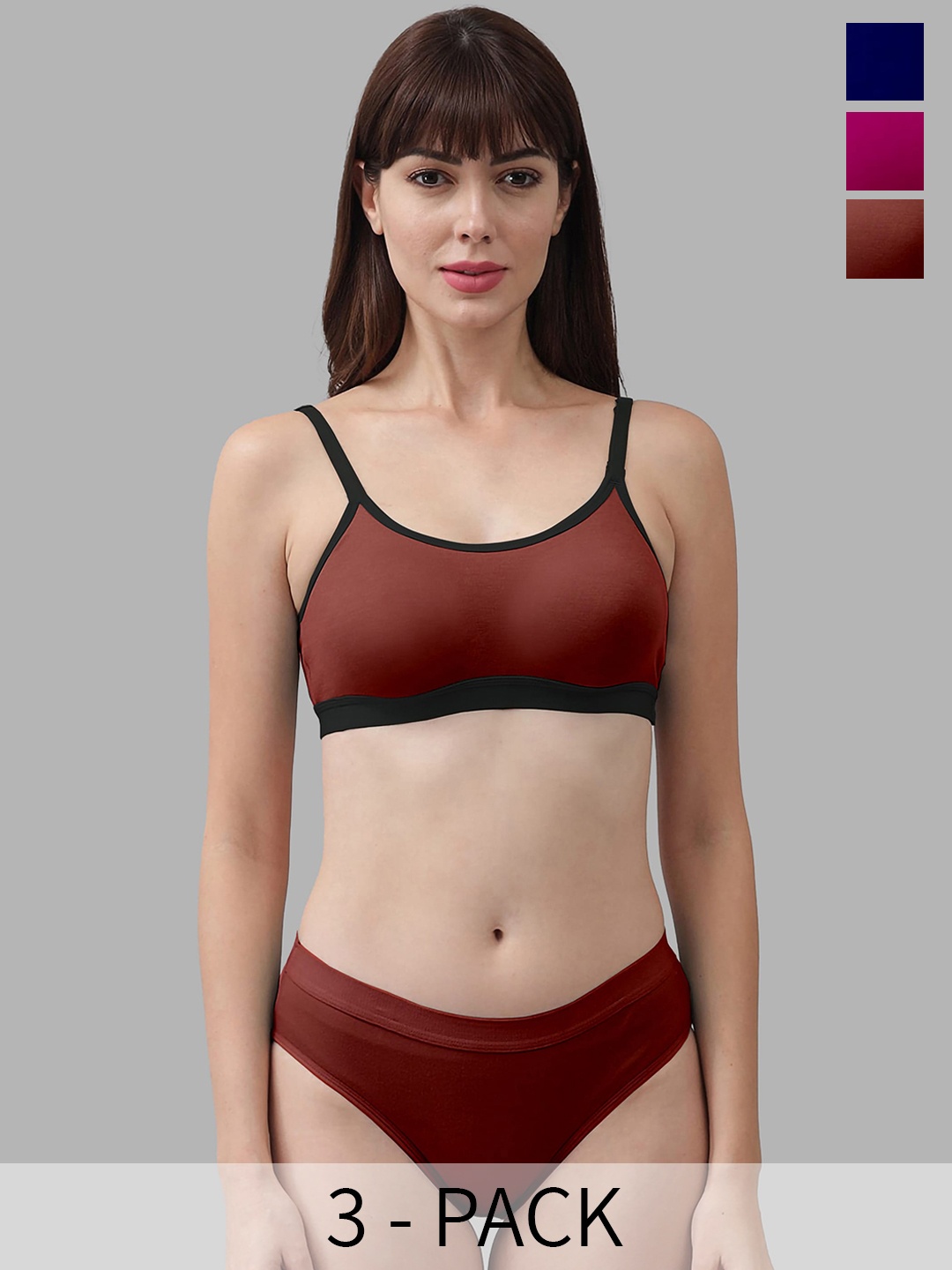 

PIBU Pack Of 3 Non Padded Breathable Cotton Lingerie Set, Pink