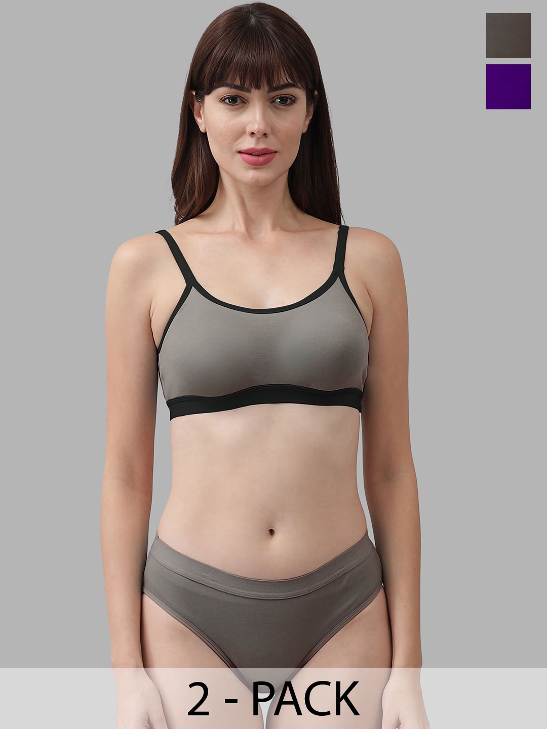PIBU Pack Of 2 Mid-Rise Non-Padded Cotton Lingerie Set, Purple