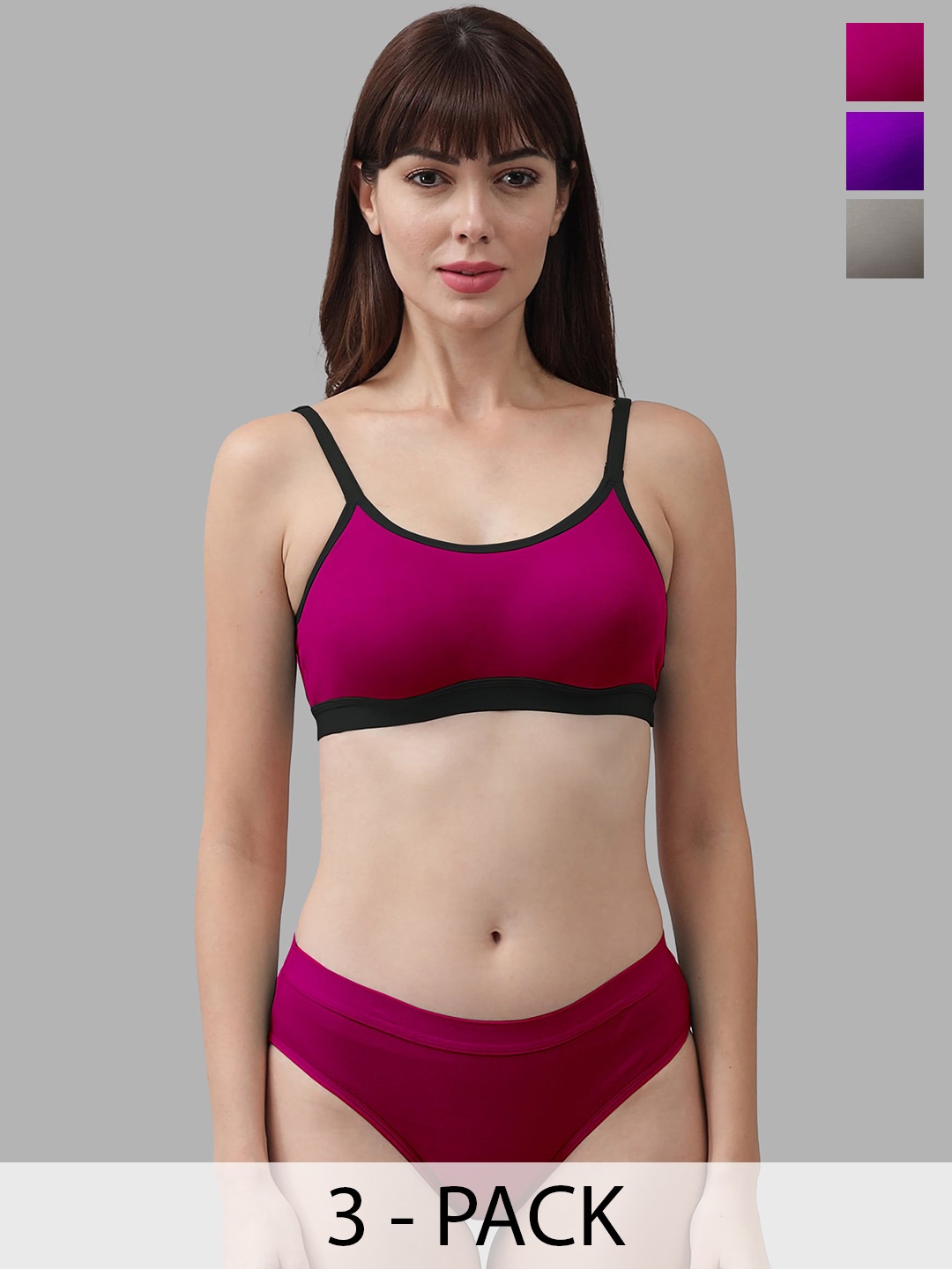 

PIBU Pack Of 3 Non Padded Breathable Cotton Lingerie Set, Purple