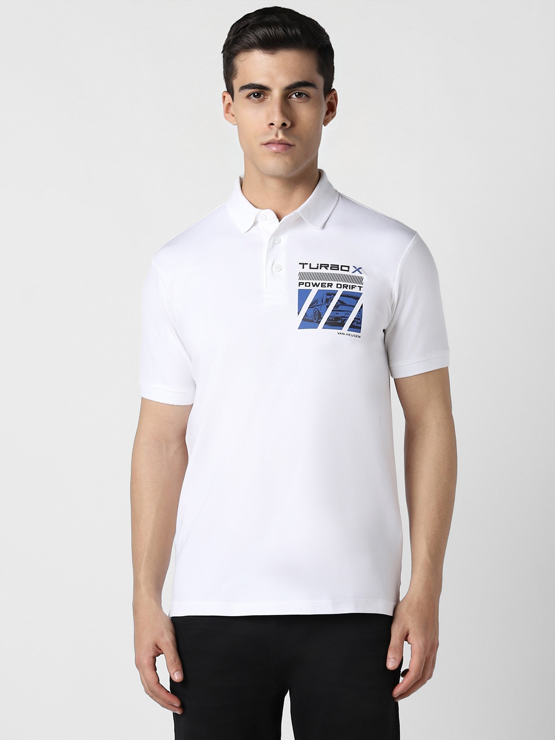 VAN HEUSEN DENIM LABS Typography Polo Collar Cotton T-shirt, White