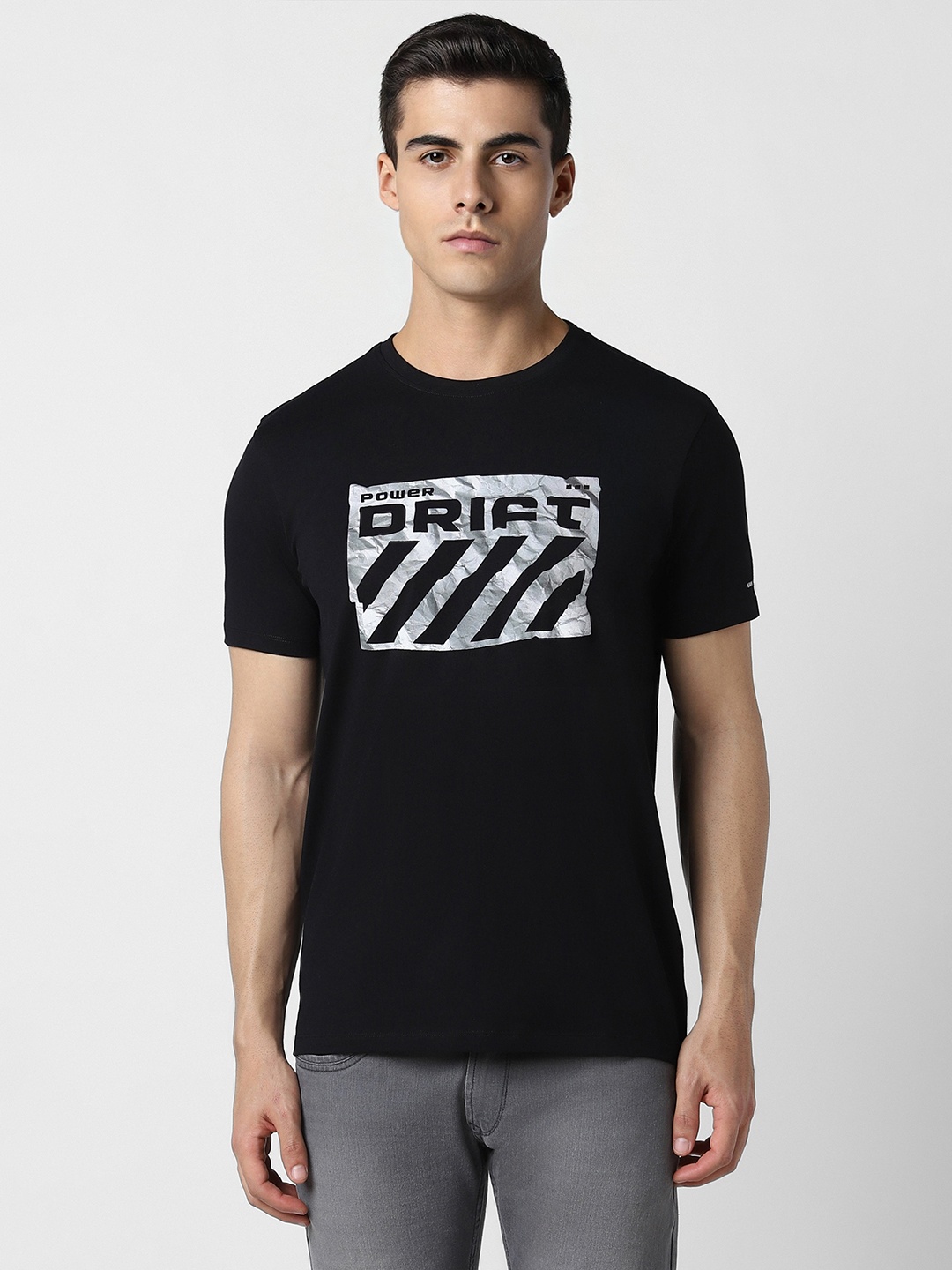 VAN HEUSEN DENIM LABS Typography Printed Cotton T-shirt, Black