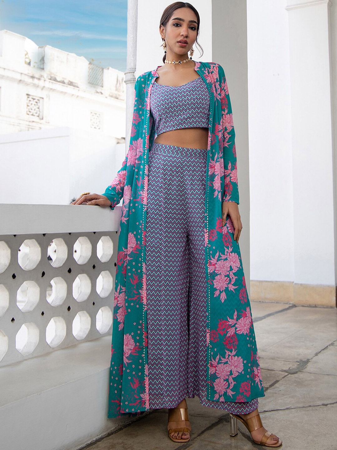 

Janasya Printed Georgette Crop Top With Palazzos & Shrug Set, Teal
