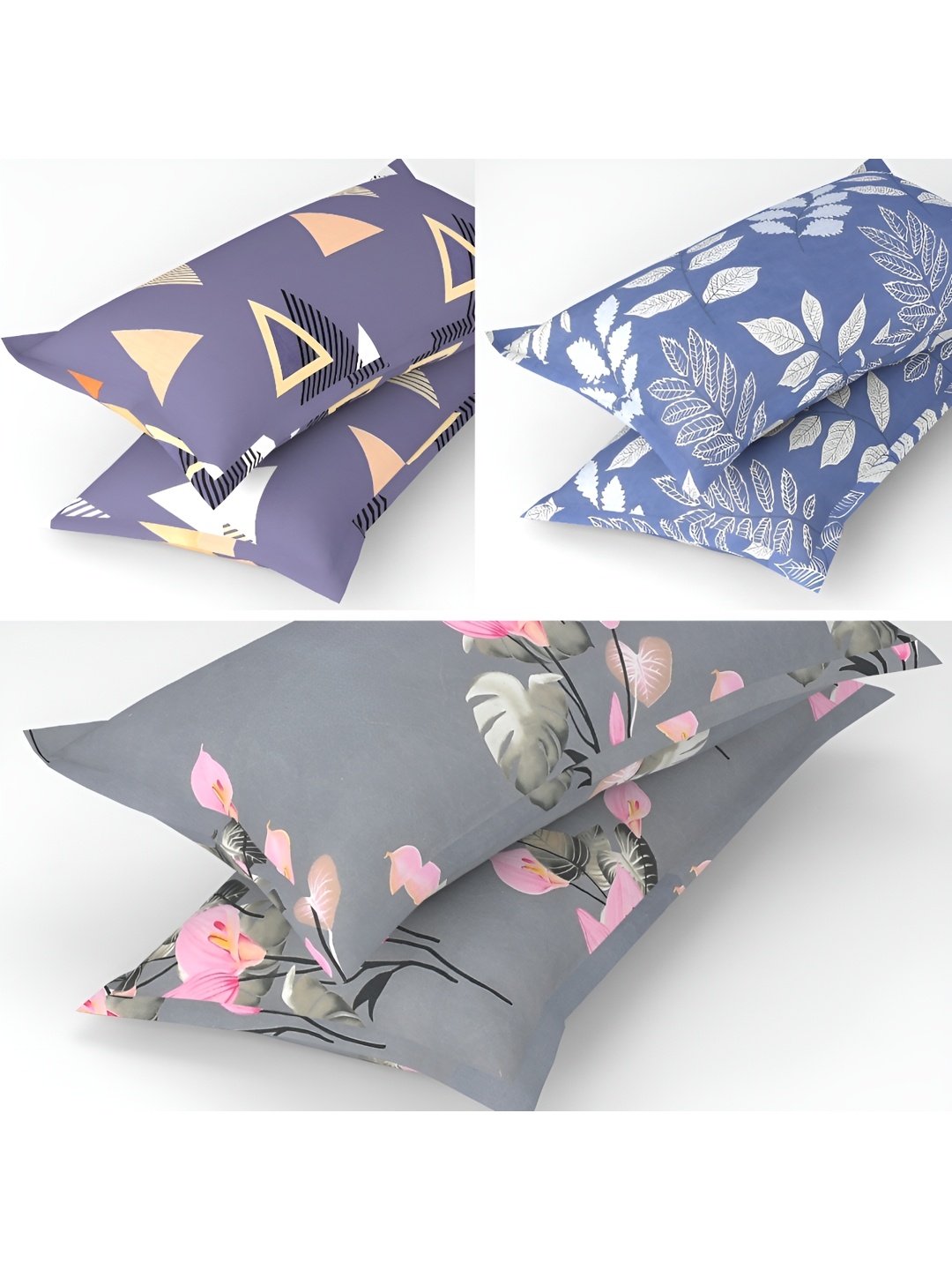 

bsb home Grey & Purple 6 Pieces Printed Pure Cotton Rectangle Pillow Covers