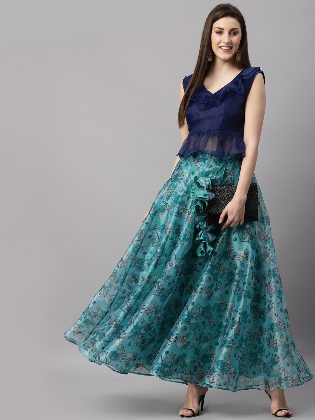 

NEUDIS V-Neck Sleeveless Organza Net Ready To Wear Floral Printed Lehenga Choli, Turquoise blue