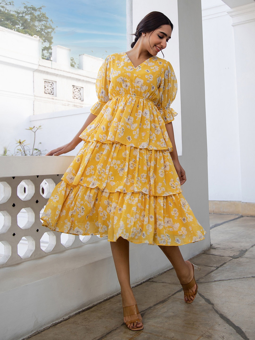 

Janasya Floral Printed Puff Sleeves Georgette Fit & Flare Tiered Midi Dress, Yellow