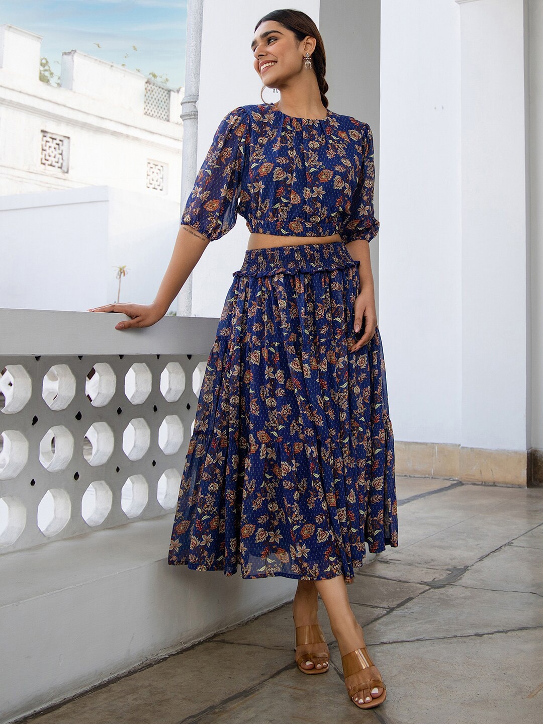 Janasya Women Georgette Floral Co-ord Set, Blue