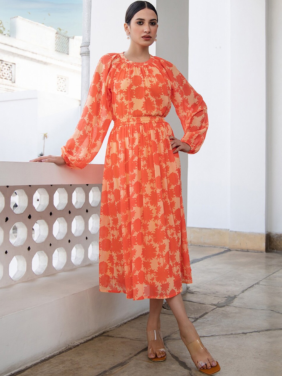 

Janasya Floral Printed Puff Sleeves Georgette Top With Skirt, Orange