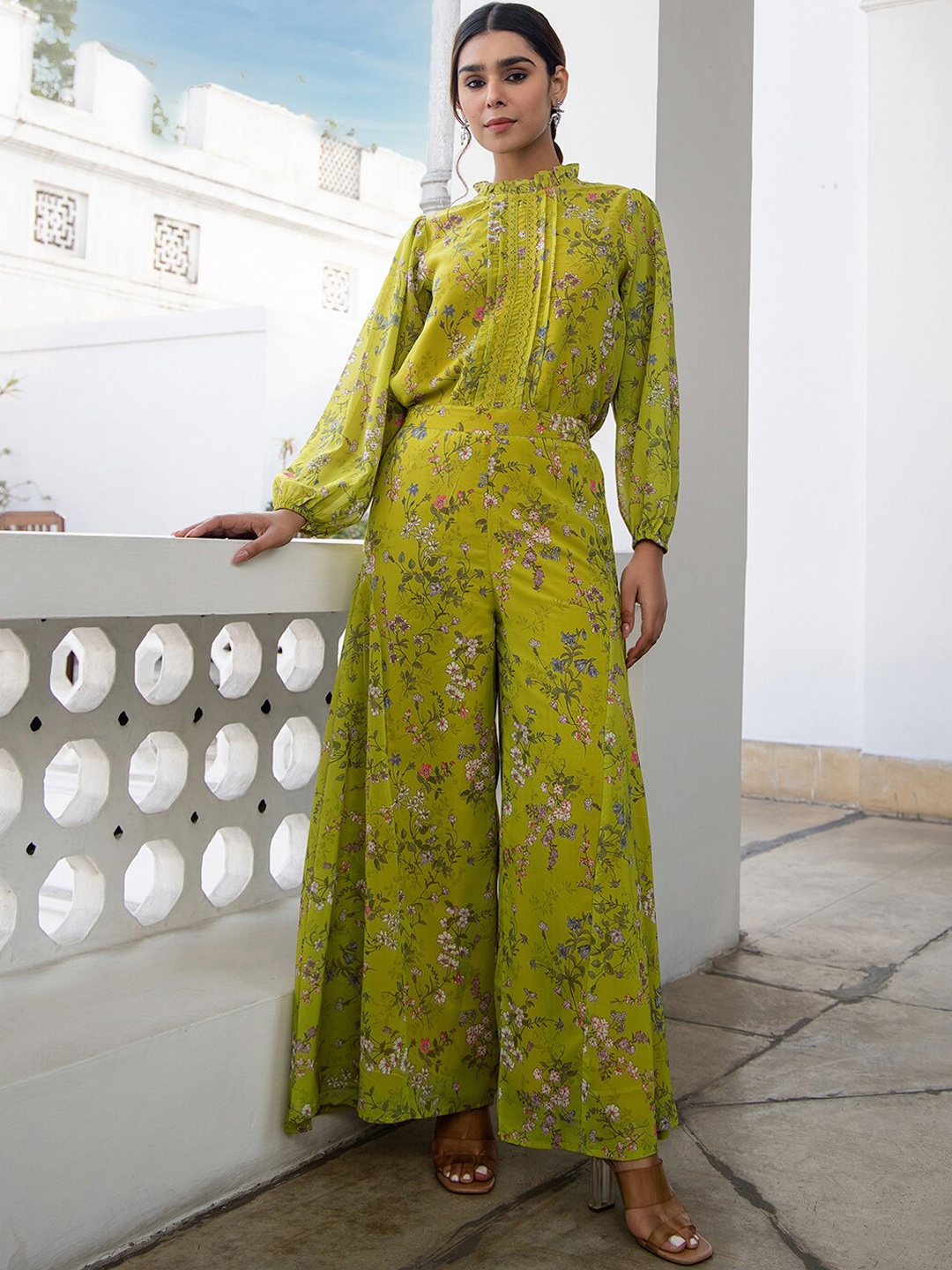 

Janasya Women's Lime Green Georgette Floral Regular Co-ord Set