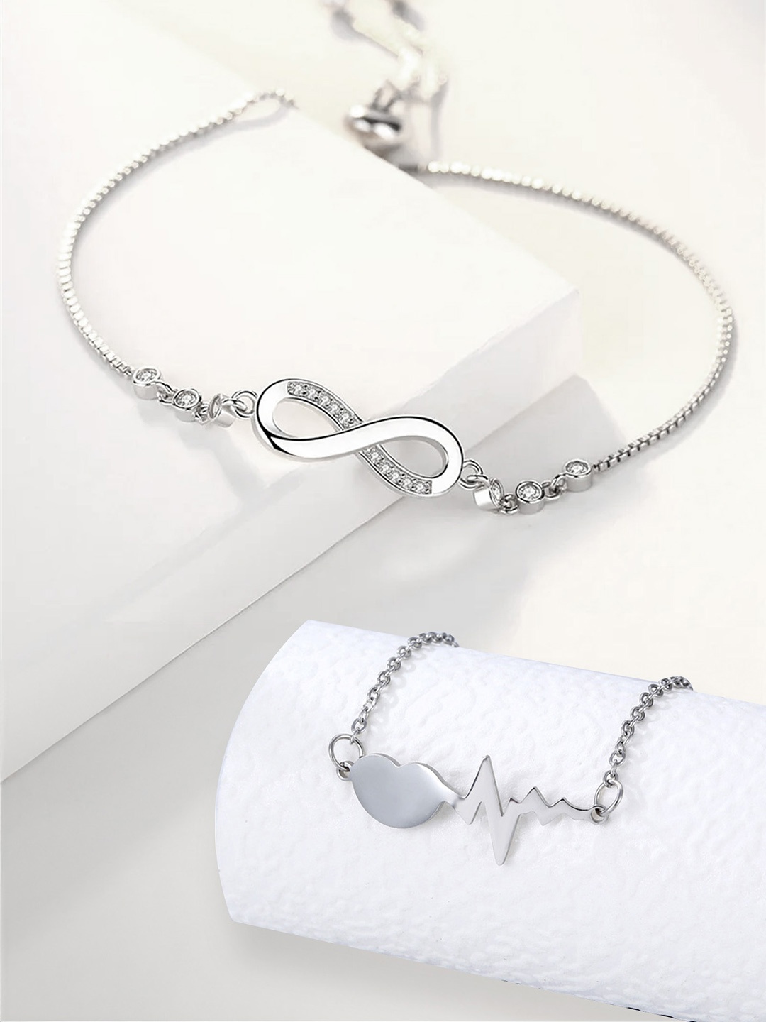 

Yellow Chimes Set Of 2 Stones Studded Wraparound Bracelet, Silver