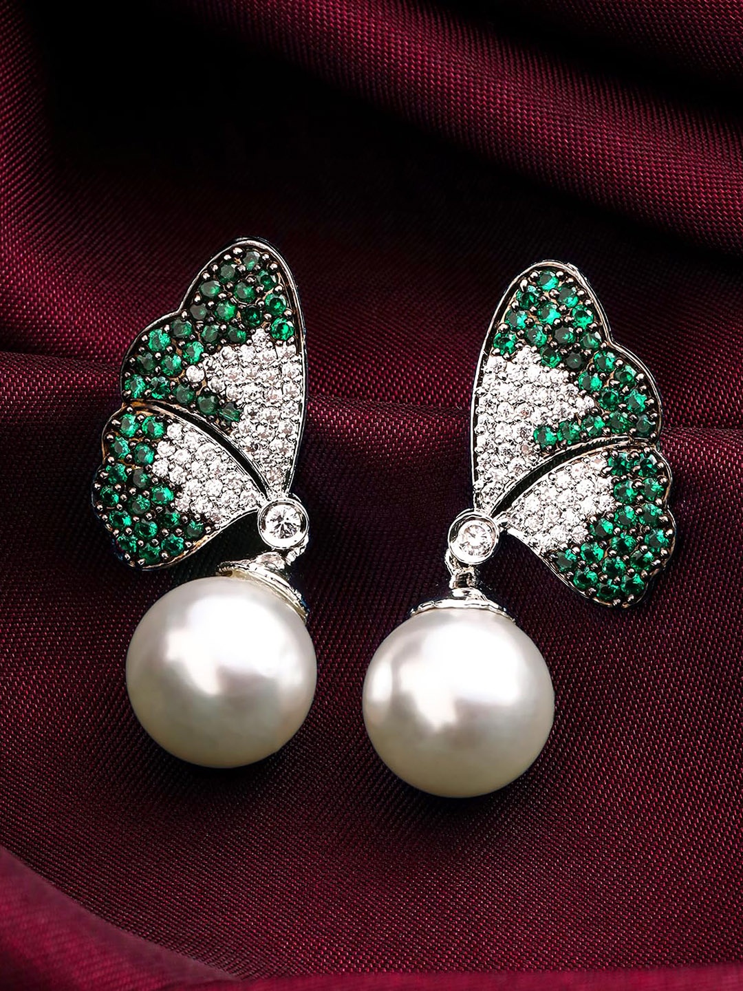 

Yellow Chimes American Diamond Studded & Beaded Drop Earrings, Silver