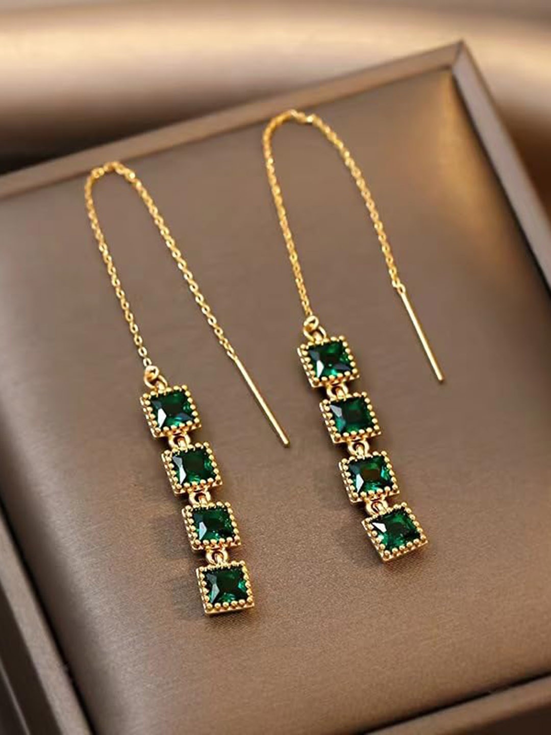 

Yellow Chimes Gold-Plated Crystal Studded Threader Drop Earrings