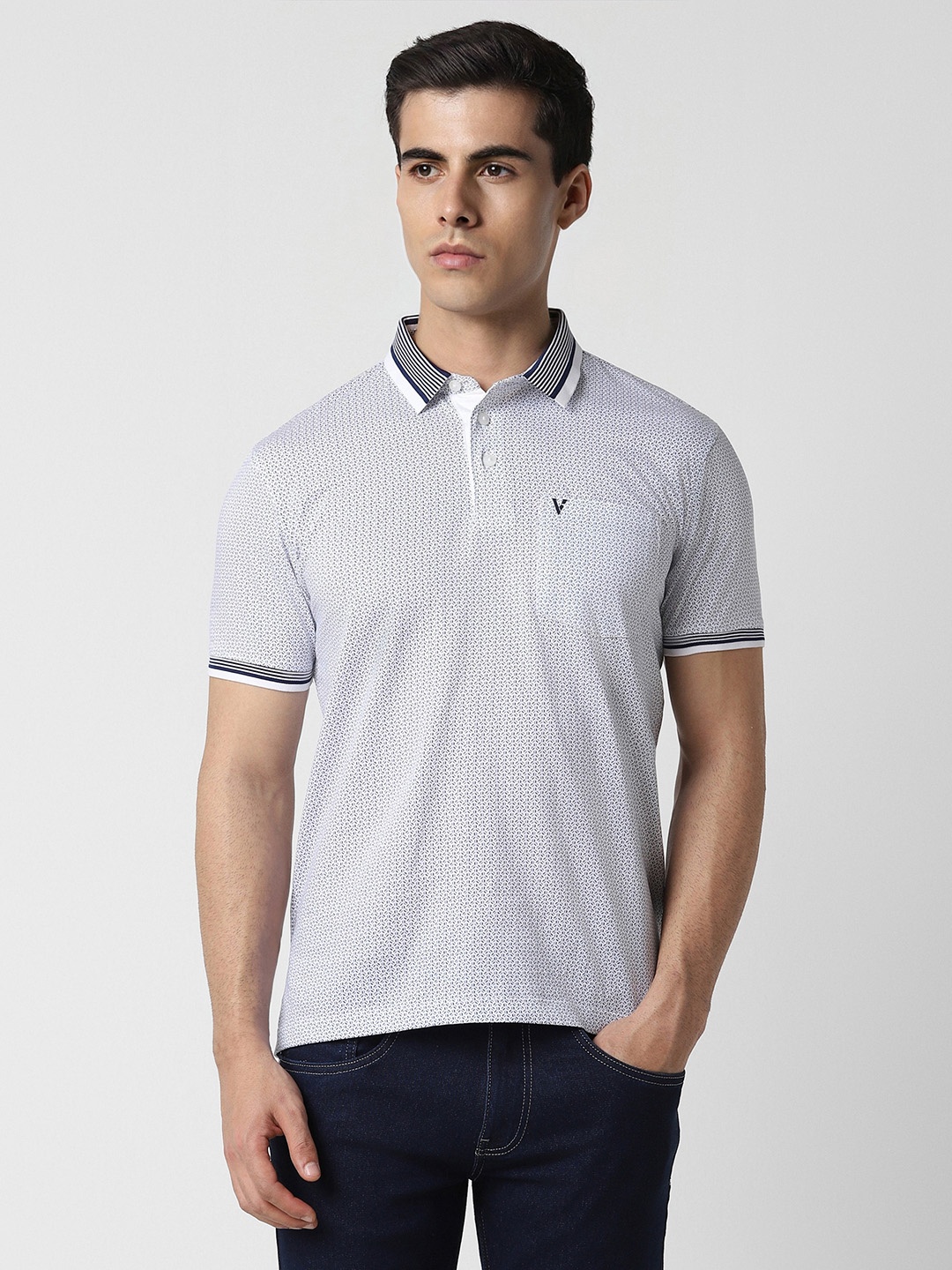

Van Heusen Sport Geometric Printed Polo Collar Pockets Cotton T-shirt, Blue