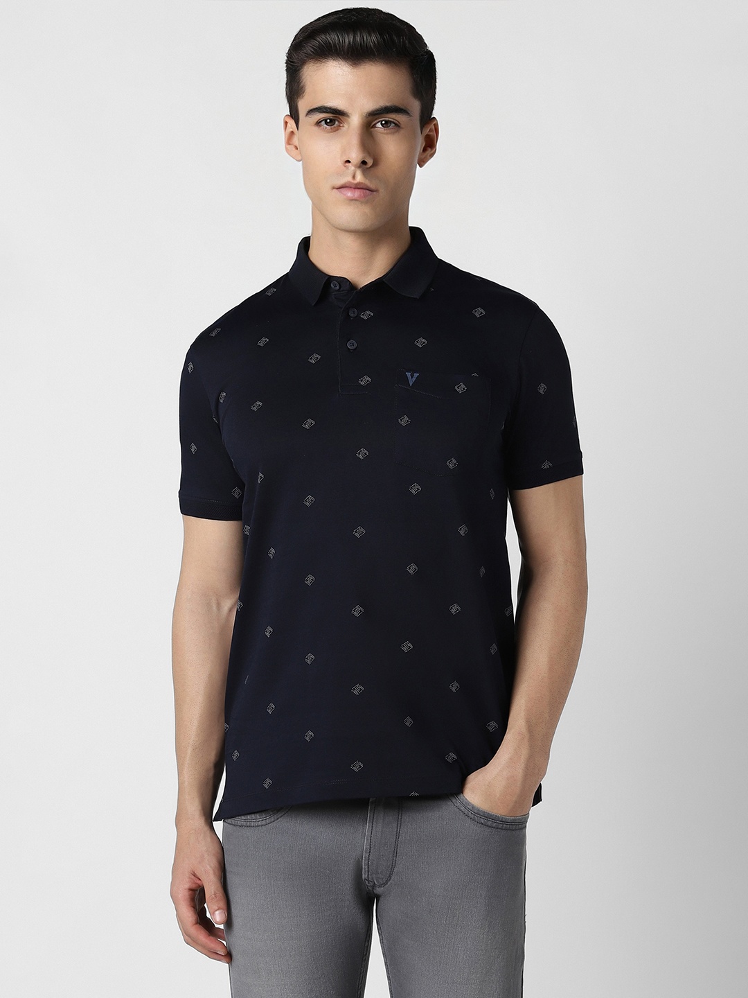 

Van Heusen Sport Abstract Printed Polo Collar Pure Cotton T-shirt, Navy blue