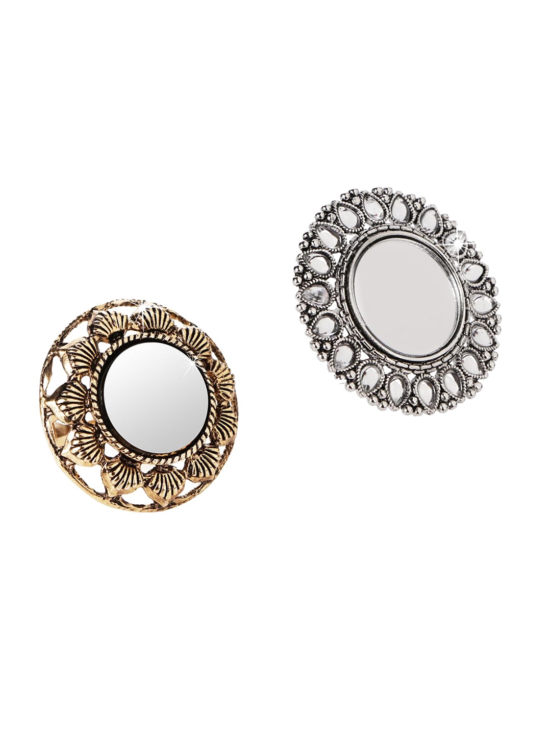 

Yellow Chimes Set of 2 Silver-Plated Floral Designed Oxidized Finger Rings, Gold