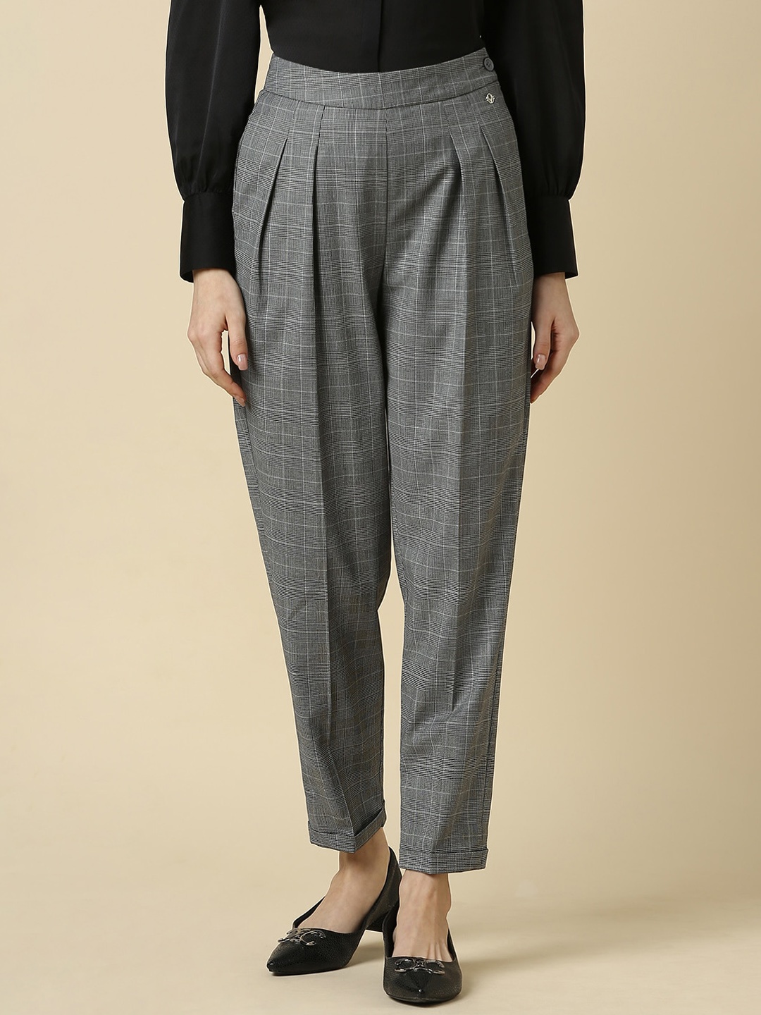 

Allen Solly Woman Mid-Rise Checked Formal Trouser, Grey