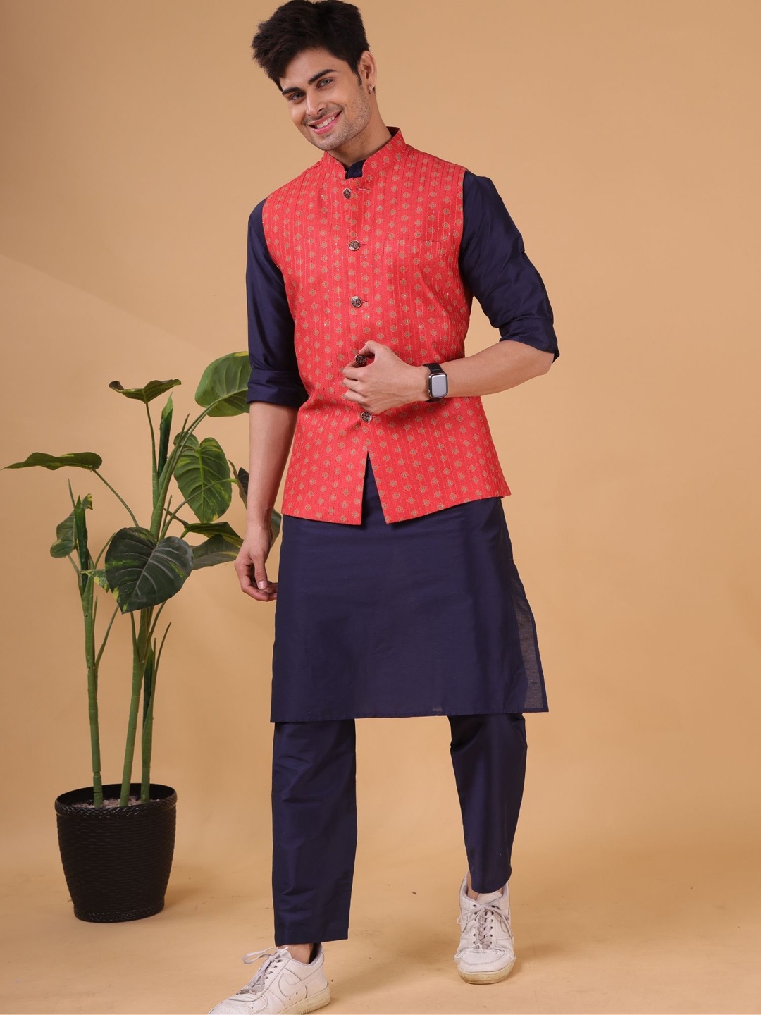 

SHIWAM ETHNIX Band Collar Straight Kurta with Trousers & Nehru Jacket, Red