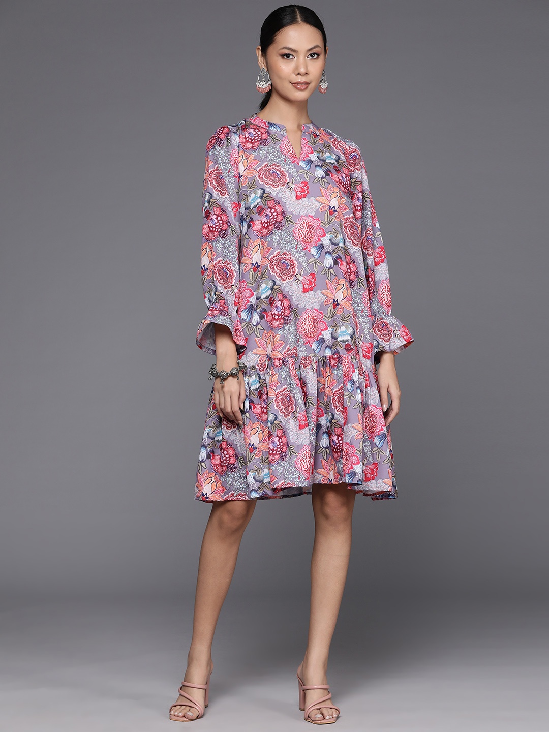 

KALINI Floral Printed Bell Sleeves A-Line Dress, Mauve