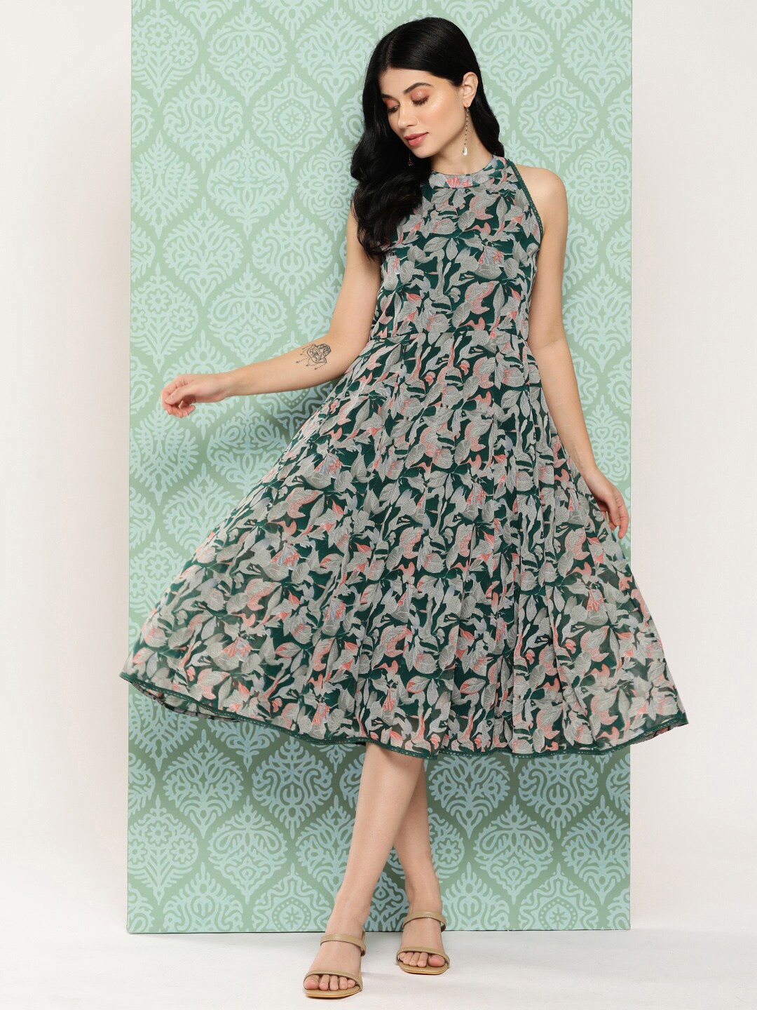 

KALINI Georgette Floral A-Line Midi Dress, Green