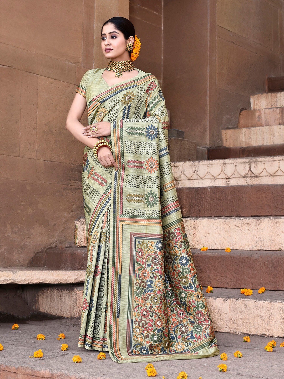 

elora Floral Printed Tussar Saree, Olive