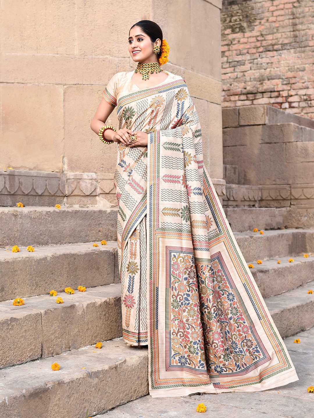 elora Floral Printed Tussar Saree, Cream