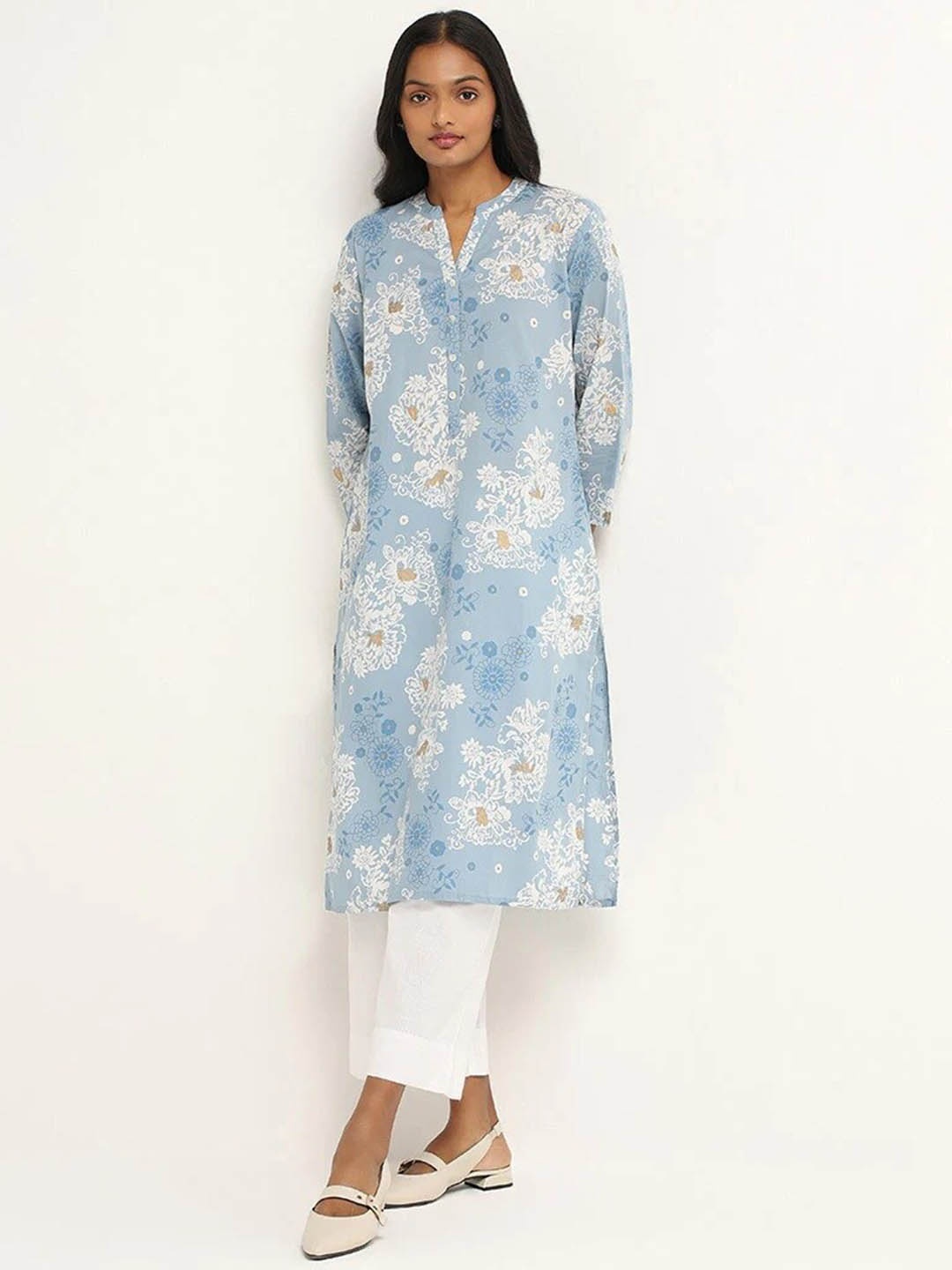 

KALINI Floral Printed Mandarin Collar Straight Kurta, Blue