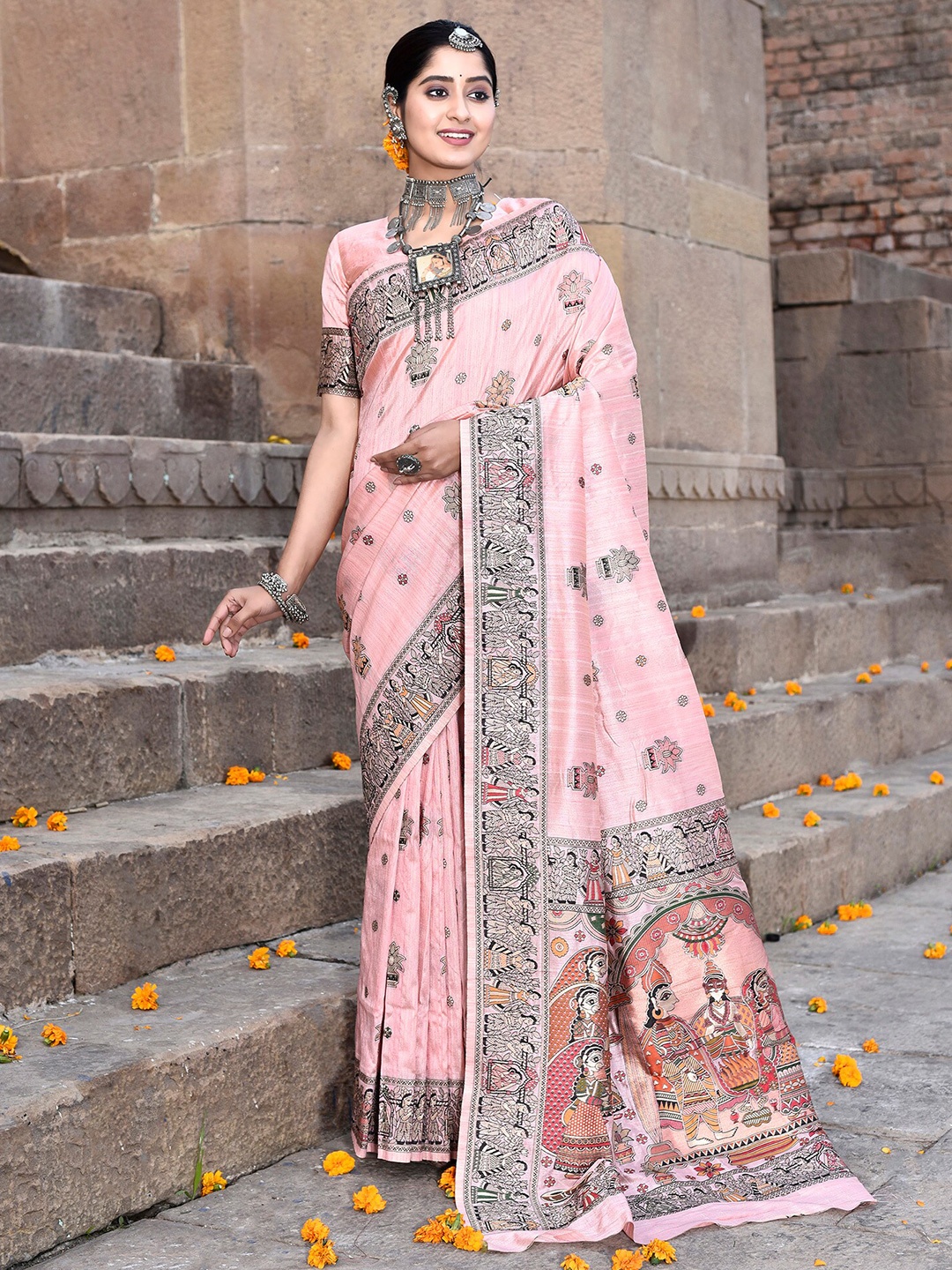 

elora Woven Design Tussar Saree, Peach
