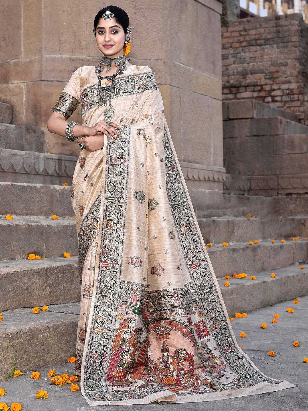 

elora Ethnic Motifs Tussar Saree, Cream