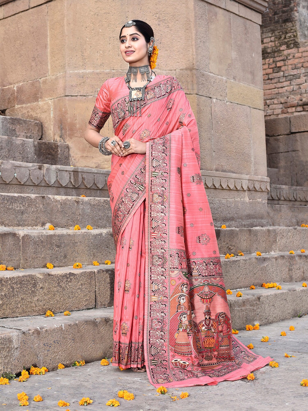 

elora Woven Design Tussar Saree, Pink