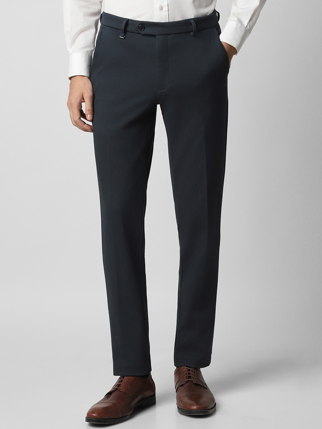 

Van Heusen Men Textured Self Design Mid-Rise Slim Fit Formal Trousers, Navy blue
